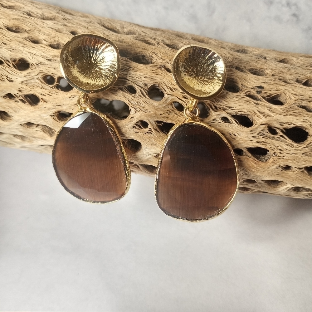 Gold-Tone Brown Stone Drop Earrings